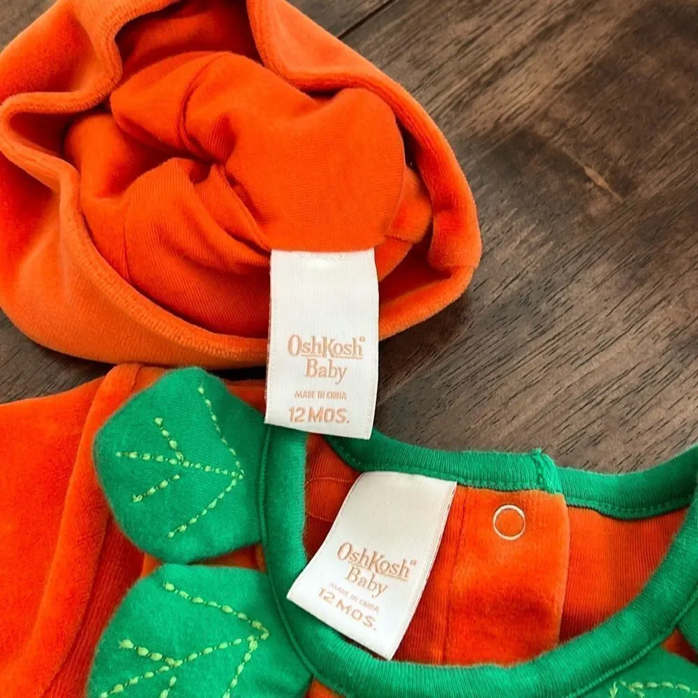 Osh Kosh Baby Orange Pumpkin Soft Fleece Snap One Piece with Hat- 12 months